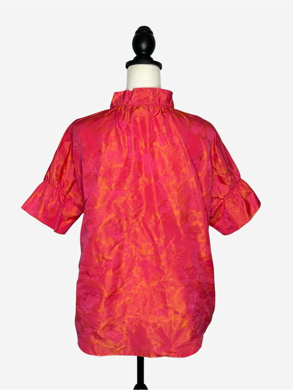 Finley Crosby Top Neon Rose Floral Jacquard Ruffle Neck Blouse Pink Orange L - Picture 5 of 11